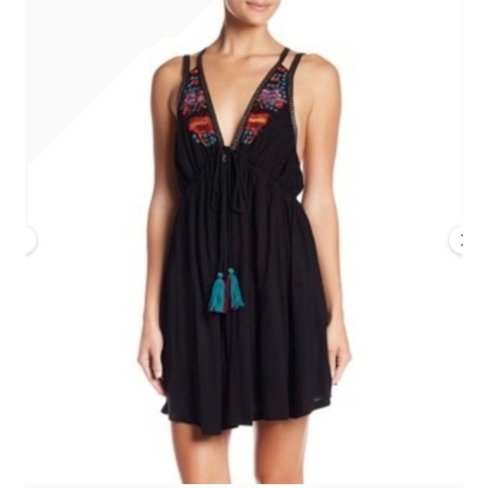 Free People Lovers Cove Black Embroidered VNeck Boho Mini Dress Tassel Tie Small
